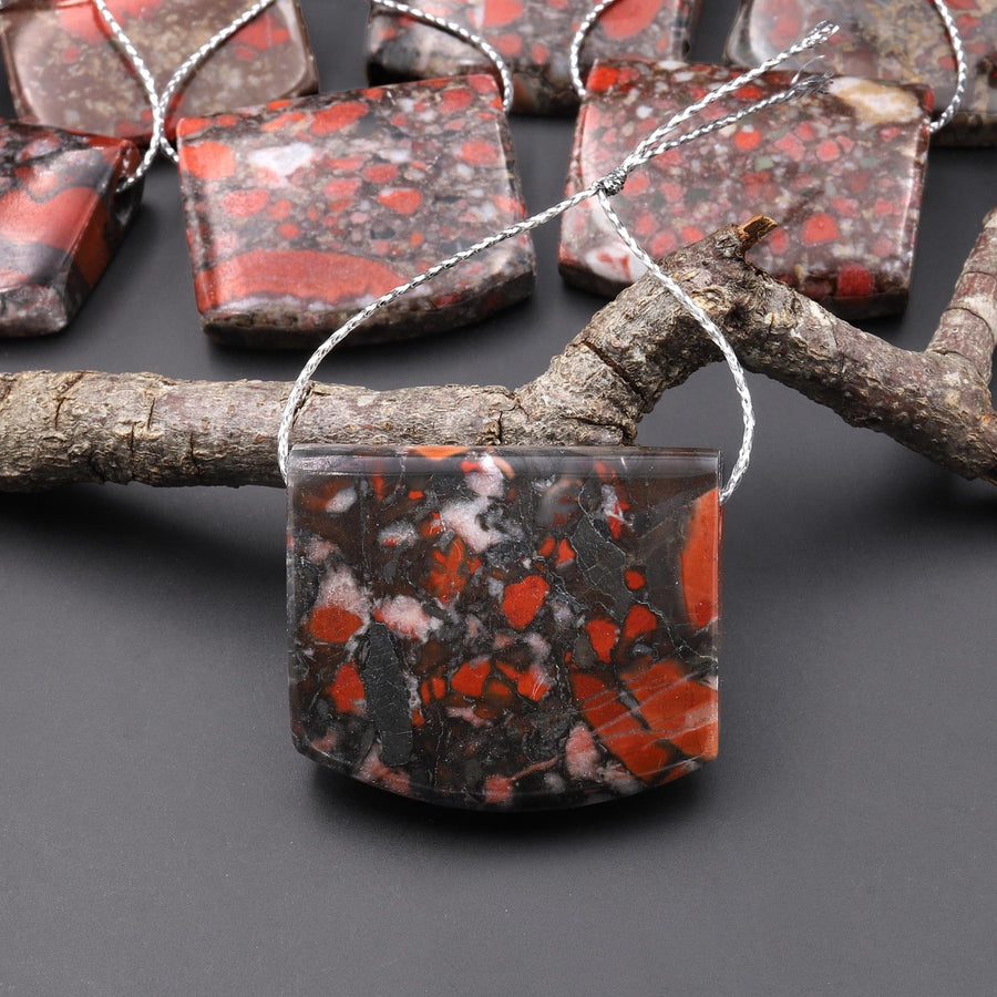Natural Red Brecciated Blood Jasper Rectangle Saddle Locket Pendant Side Drilled