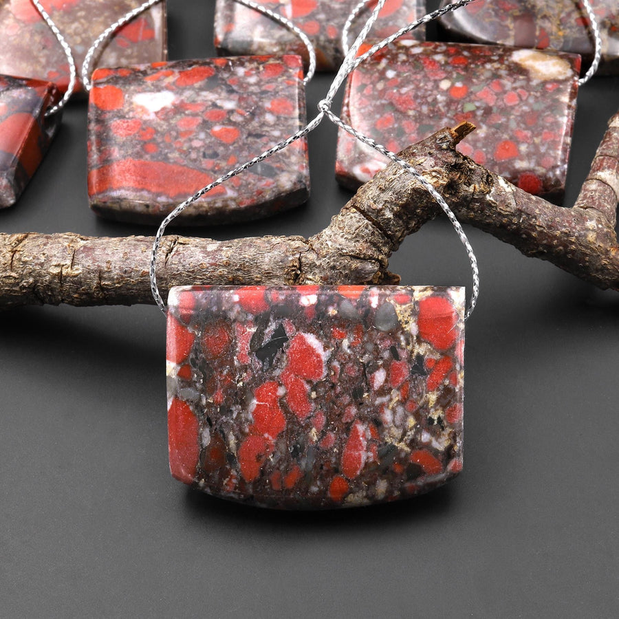 Natural Red Brecciated Blood Jasper Rectangle Saddle Locket Pendant Side Drilled A2