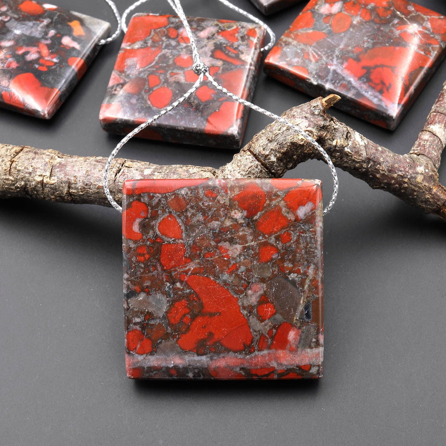 Natural Red Brecciated Blood Jasper Square Pendant Side Drilled