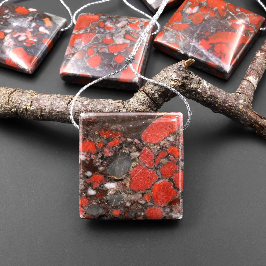 Natural Red Brecciated Blood Jasper Square Pendant Side Drilled A3