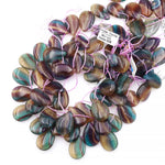 Natural Rainbow Fluorite Smooth Side Drilled Teardrop 20x30mm Focal Pendant Beads Honey Mauve Teal Green Colors 15.5" Strand
