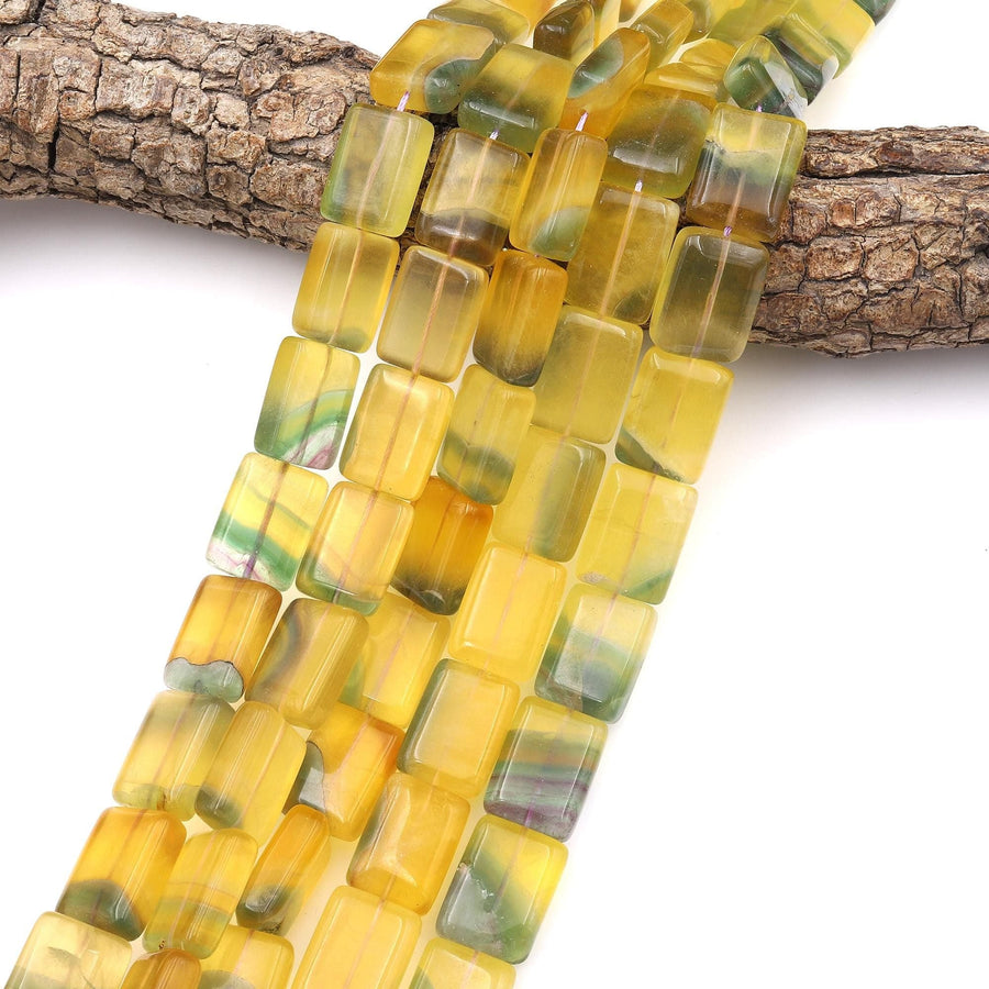 Rare Bicolor Natural Rainbow Fluorite Rectangle Tile Beads Yellow Green Gemstone 15.5" Strand