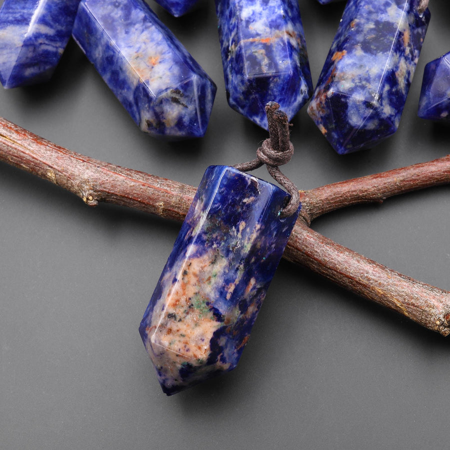 AAA Natural Blue Sodalite Faceted Hexagonal Crystal Point Pendant