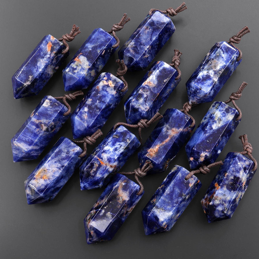 AAA Natural Blue Sodalite Faceted Hexagonal Crystal Point Pendant