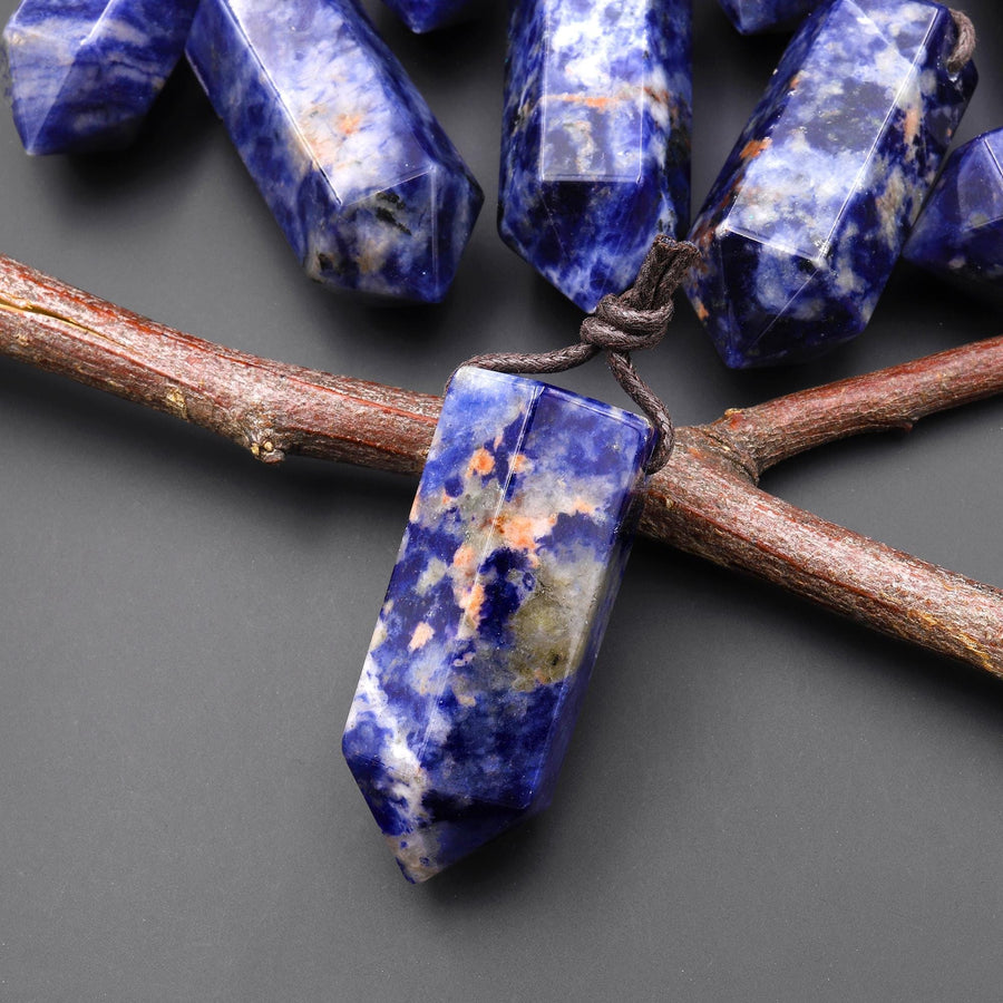 AAA Natural Blue Sodalite Faceted Hexagonal Crystal Point Pendant A3
