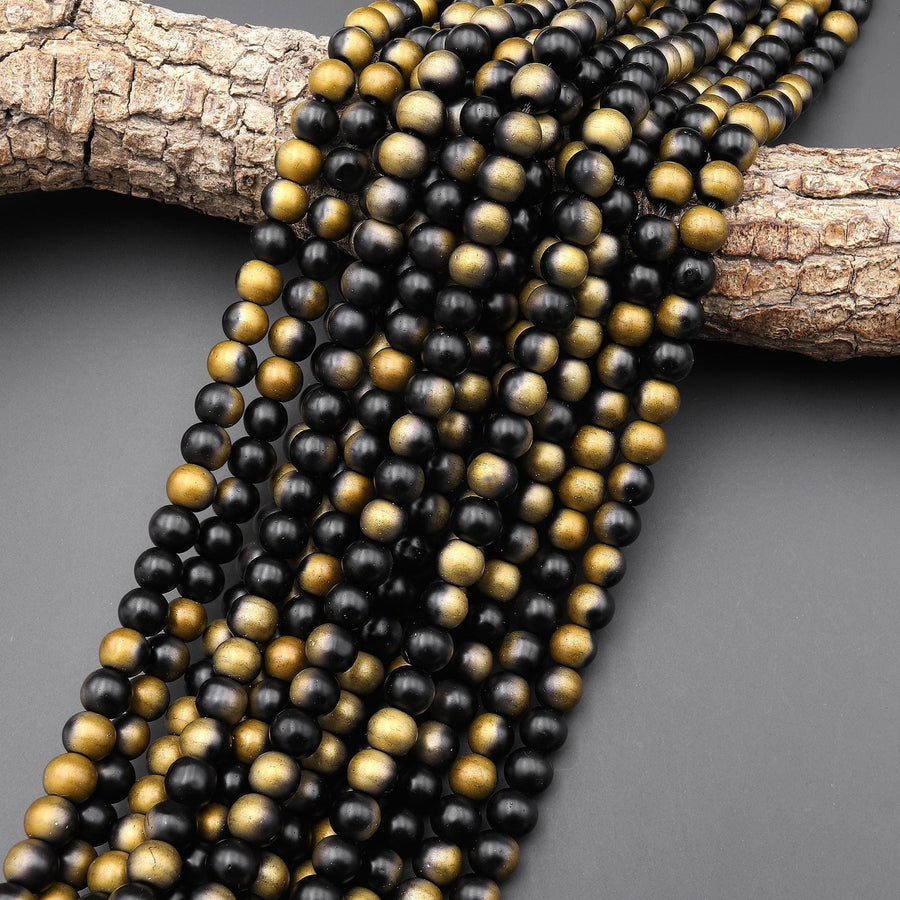 Mystic Gold Black Titanium Agate 6mm 8mm 10mm Round Beads 15.5" Strand