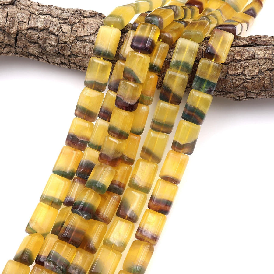 Rare Natural Bicolor Fluorite Rectangle Tile 13x18mm Beads Yellow Green Mauve Gemstone 15.5" Strand
