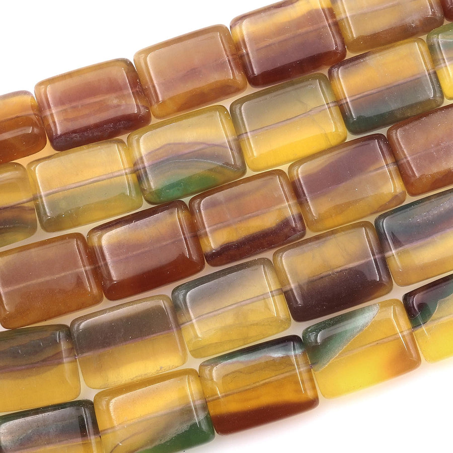 Rare Natural Bicolor Fluorite Rectangle Tile 15x20mm Beads Yellow Green Mauve Gemstone 15.5" Strand
