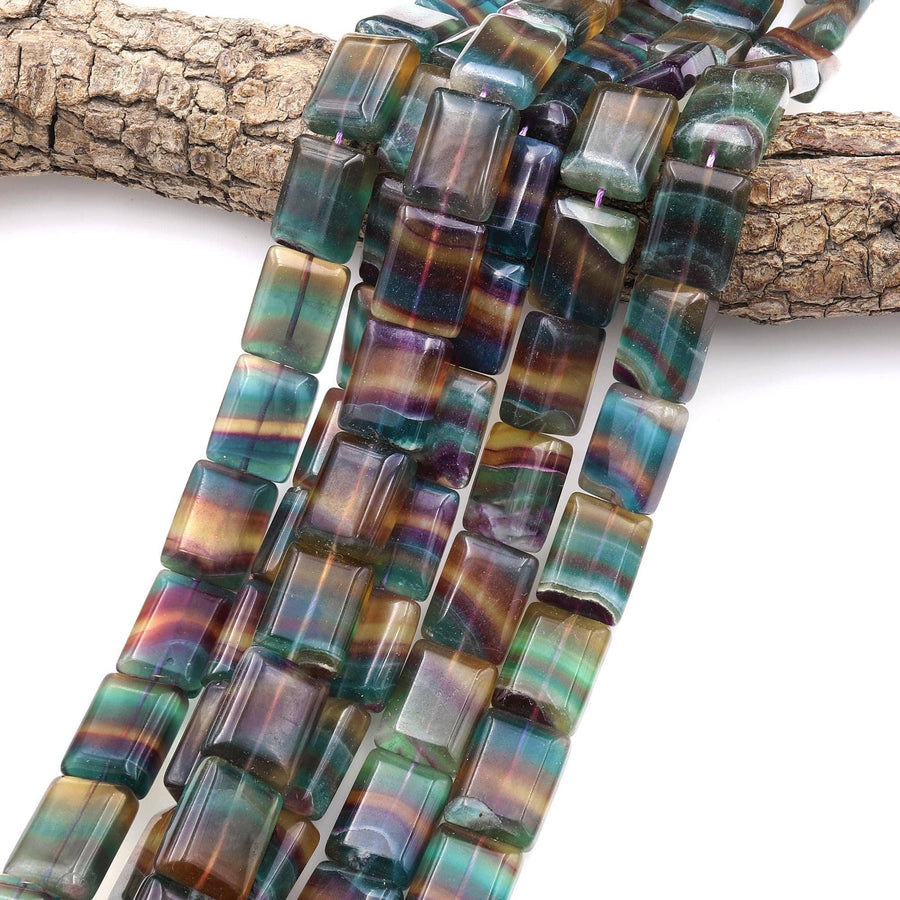 Rare Natural Rainbow Fluorite Rectangle Tile 13x18mm Beads Teal Green Mauve Purple Honey Amber Gemstone 15.5" Strand