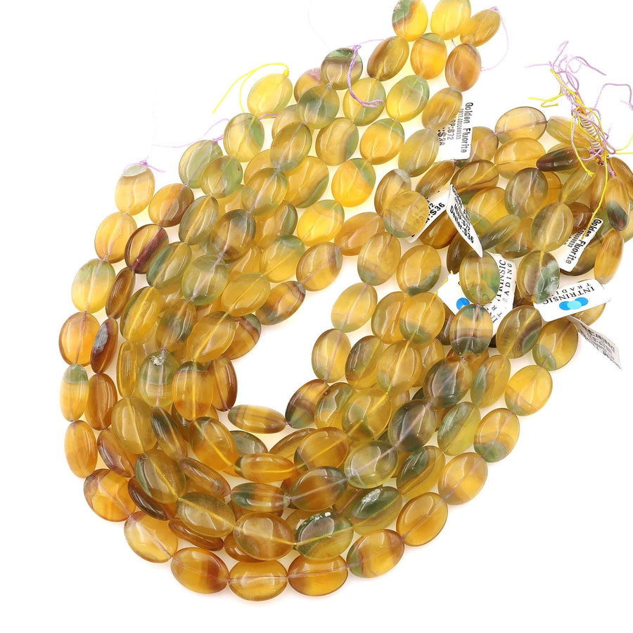 Rare Bicolor Natural Rainbow Fluorite Smooth Oval Beads Yellow Green Gemstone 15.5" Strand
