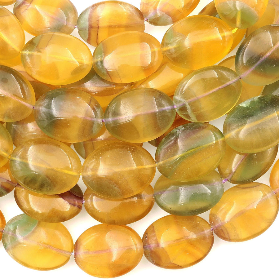 Rare Bicolor Natural Rainbow Fluorite Smooth Oval Beads Yellow Green Gemstone 15.5" Strand