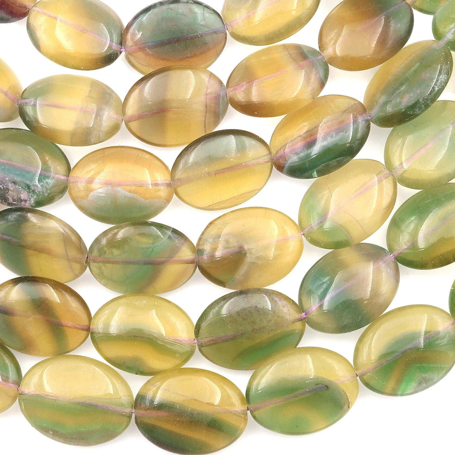Rare Bicolor Natural Golden Yellow Green Fluorite Smooth Oval Beads 15x20mm Gemstone 15.5" Strand