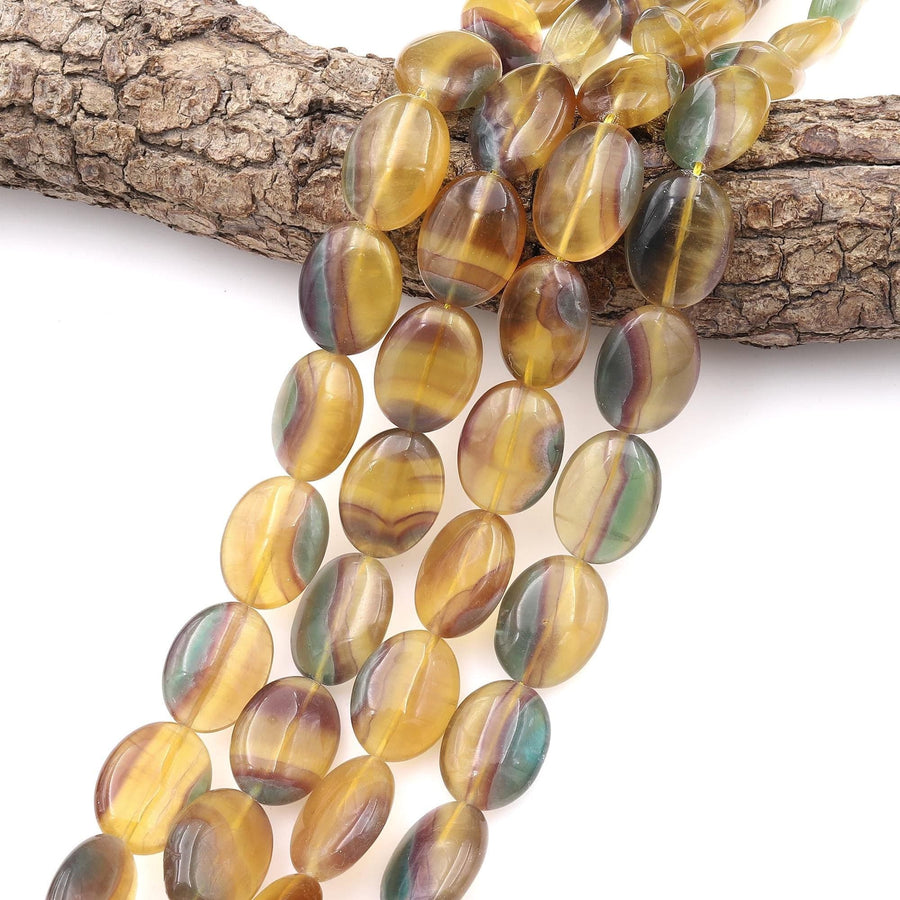 Rare Bicolor Natural Honey Amber Mauve Green Fluorite Smooth Oval Beads 15x20mm Gemstone 15.5" Strand