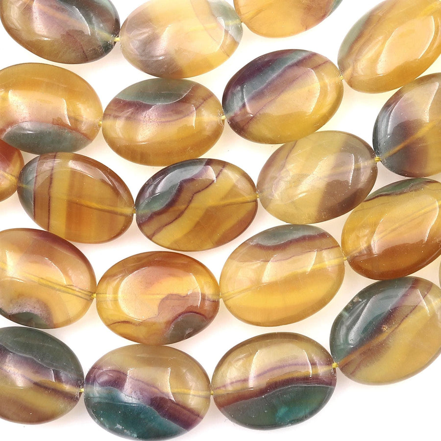 Rare Bicolor Natural Honey Amber Mauve Green Fluorite Smooth Oval Beads 15x20mm Gemstone 15.5" Strand