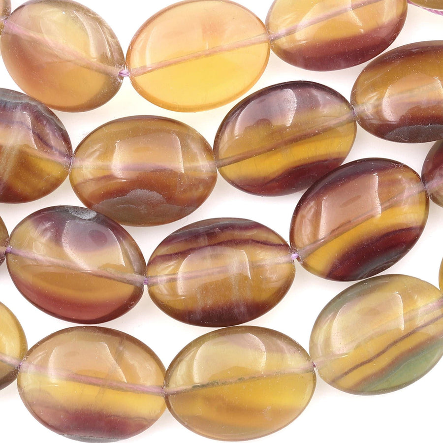 Rare Bicolor Natural Honey Amber Mauve Fluorite Smooth Oval Beads Gemstone 15.5" Strand