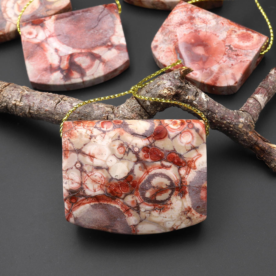 Natural Bird's Eye Rhyolite Rectangle Saddle Locket Pendant Earthy Mauve Red Brown Jasper From Mexico