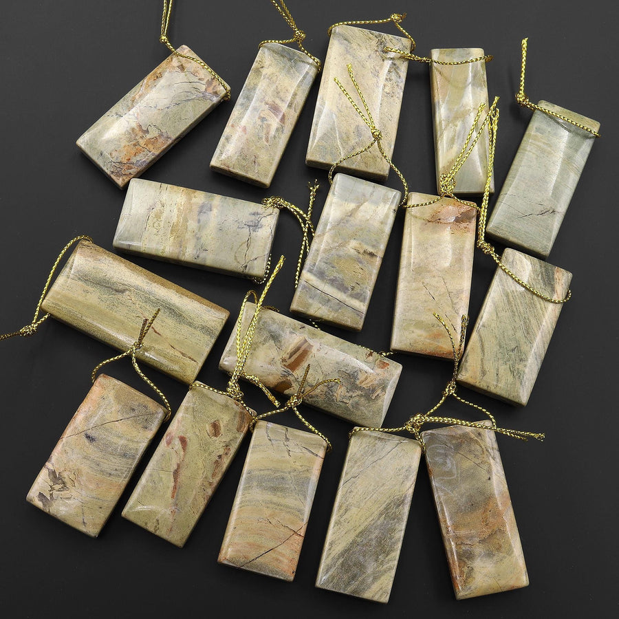 Natural Green Mist Jasper Rectangle Pendant Top Side Drilled Focal Bead