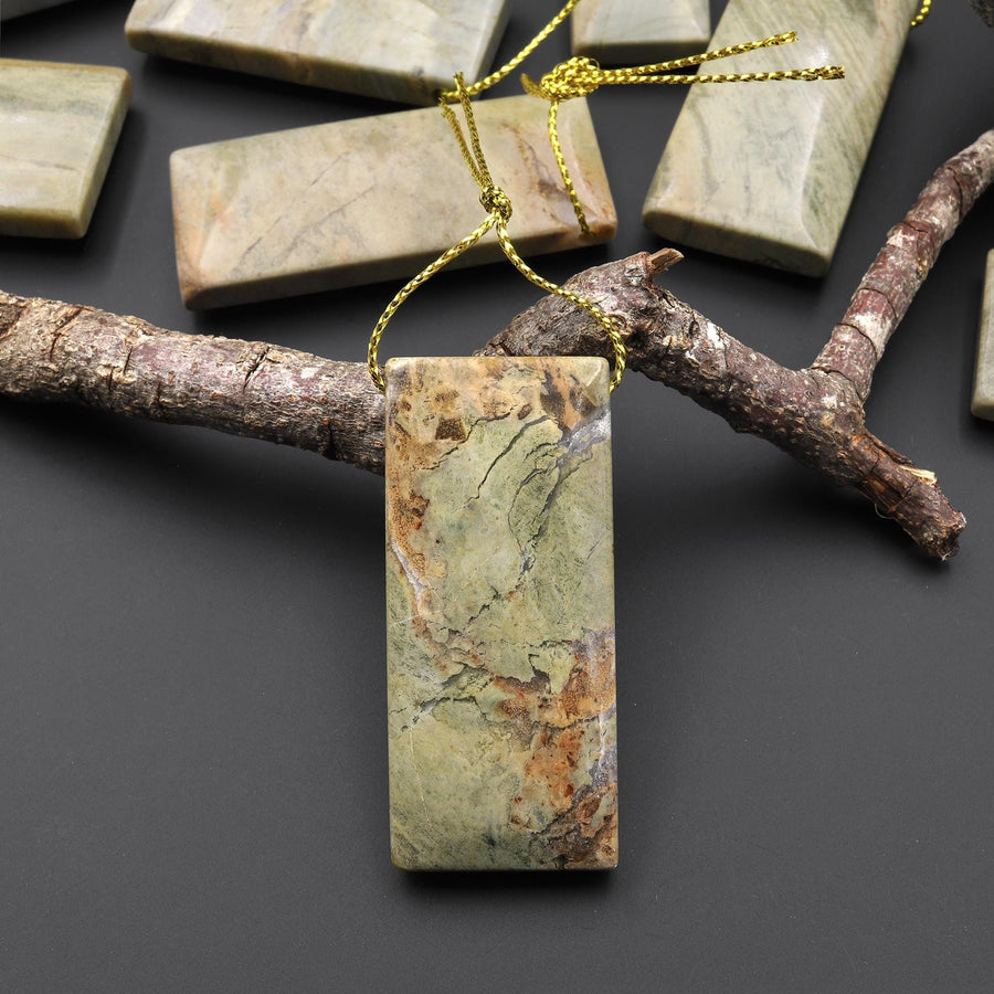 Natural Green Mist Jasper Rectangle Pendant Top Side Drilled Focal Bead A1