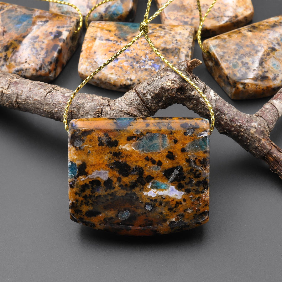 Rare Natural Apatite in Brown Opal Rectangle Saddle Locket Pendant A4
