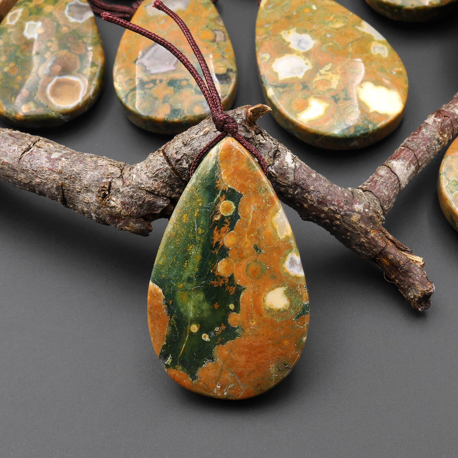 Natural Rainforest Rhyolite Jasper Teardrop Side Drilled Pendant