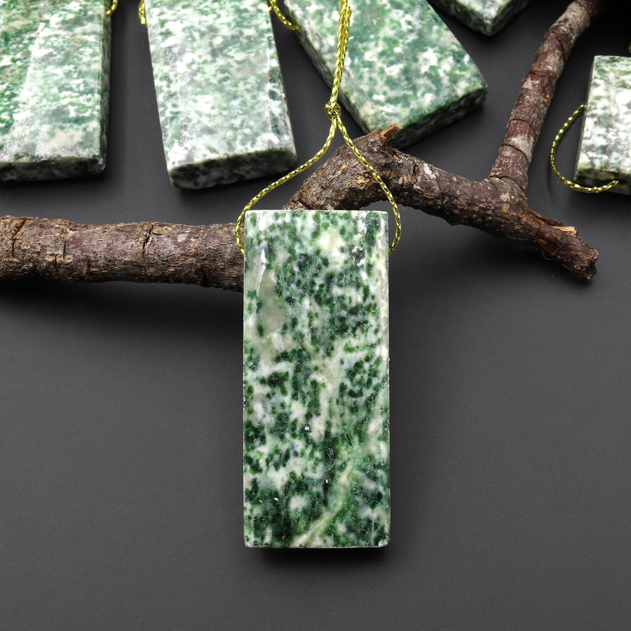 Natural Green Tree Agate Pendant Side Drilled Rectangle Gemstone