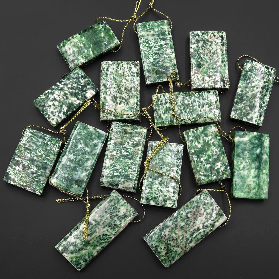 Natural Green Tree Agate Pendant Side Drilled Rectangle Gemstone