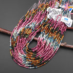 Natural Rainbow Tourmaline Faceted 4mm Round Beads Pink Green Blue Golden Cognac Ombre Gemstone 15.5" Strand