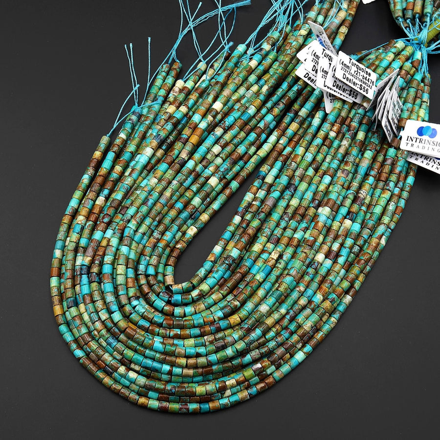 Genuine Natural Blue Green Golden Brown Turquoise 4x4mm Smooth Cylinder Tube Beads 15.5" Strand