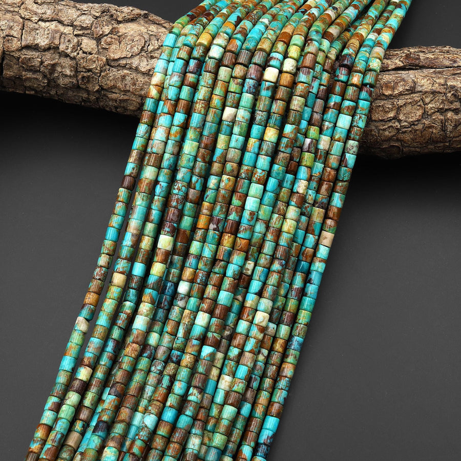 Genuine Natural Blue Green Golden Brown Turquoise 4x4mm Smooth Cylinder Tube Beads 15.5" Strand