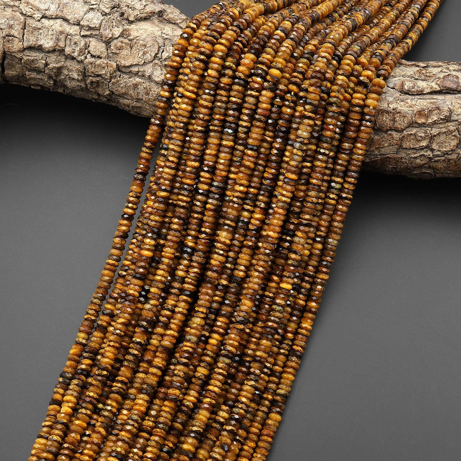 AAA Faceted Natural Golden Brown Tiger's Eye 4mm Thin Rondelle Beads 15.5" Strand