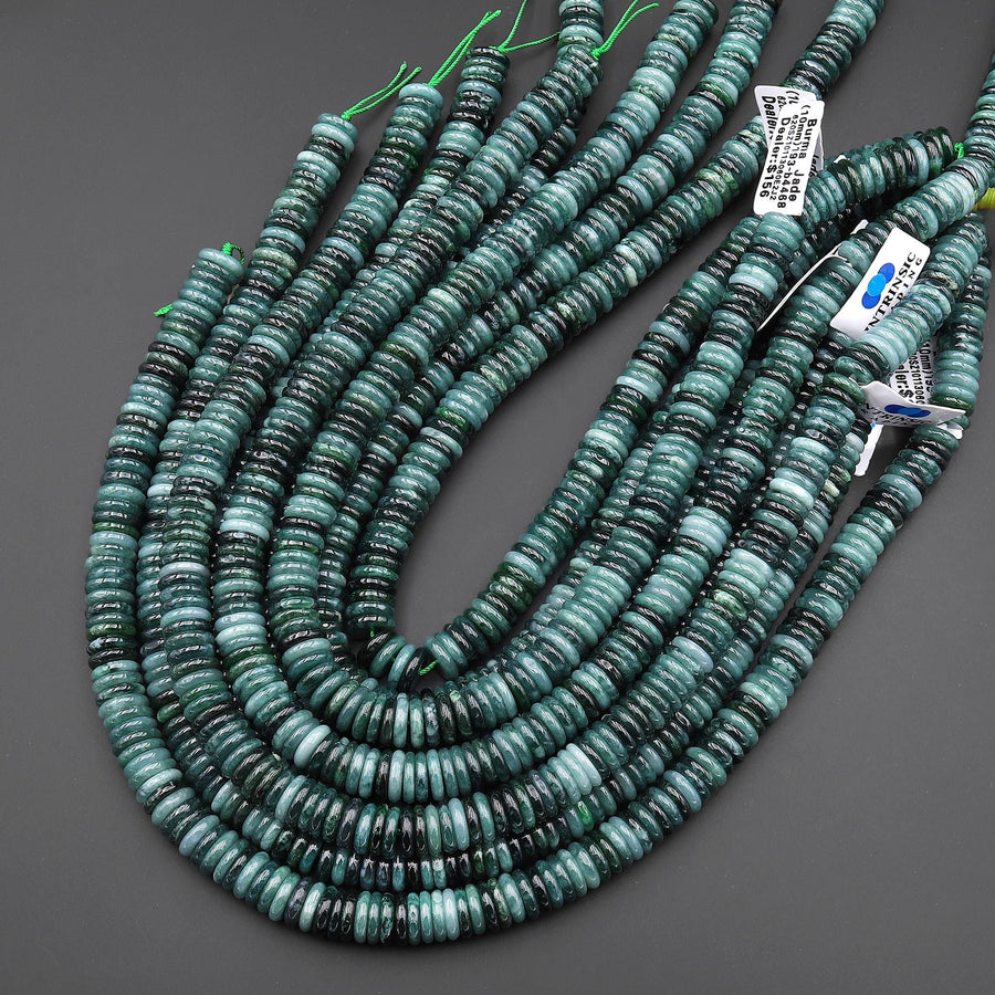 AAA Natural Guatemalan Blue Green Jade Smooth Thin Rondelle Heishi 10mm Beads 15.5" Strand