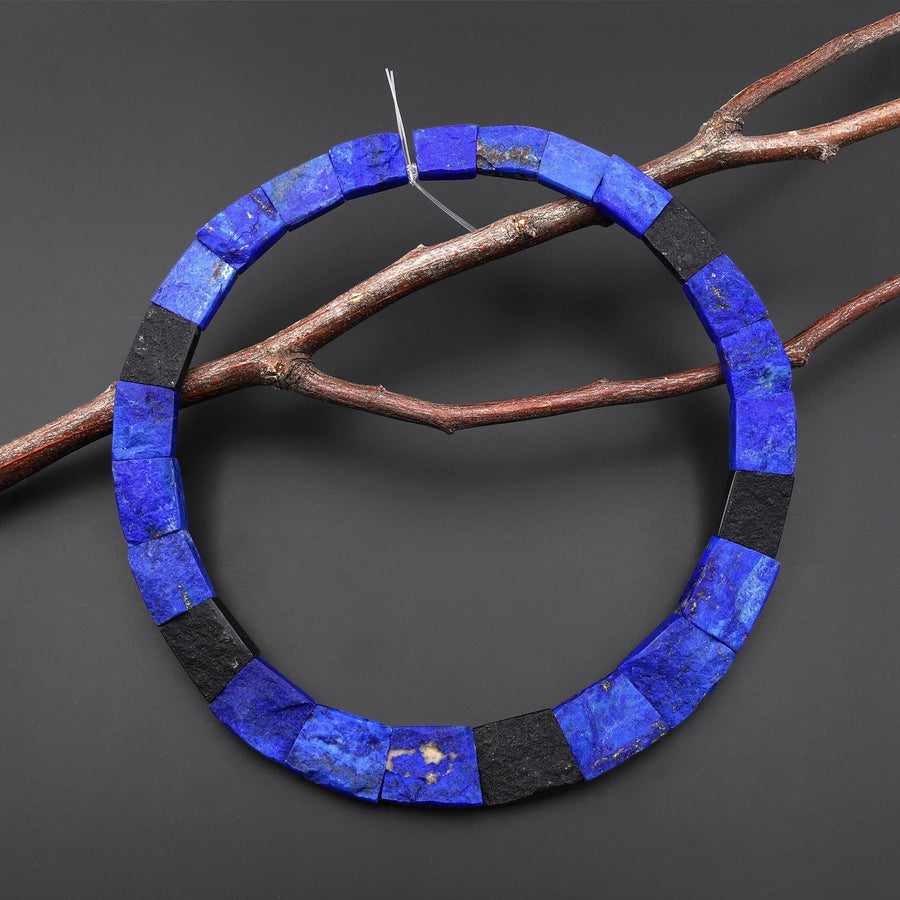 AAA Natural Blue Lapis Black Tourmaline Beads Hand Hammered Double Drilled 2 Two Hole Fan Shaped Trapezoid Rectangle 18" Strand A1