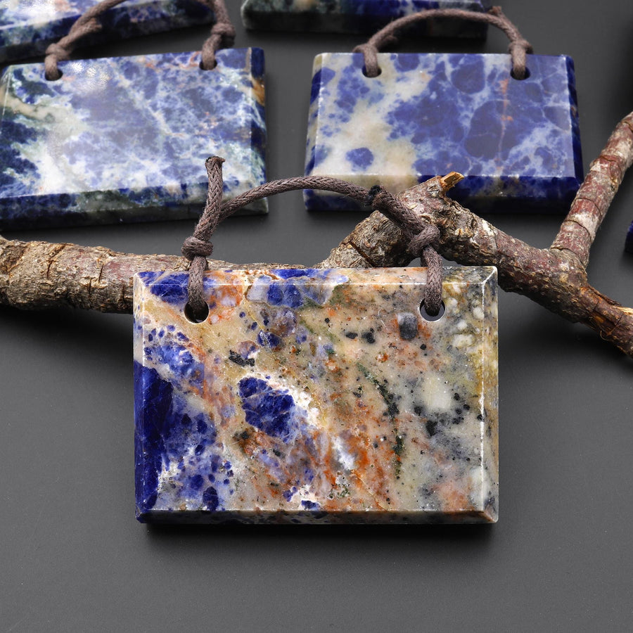 Large 2 Two Hole Natural Blue Sodalite Faceted Rectangle Title Pendant A2