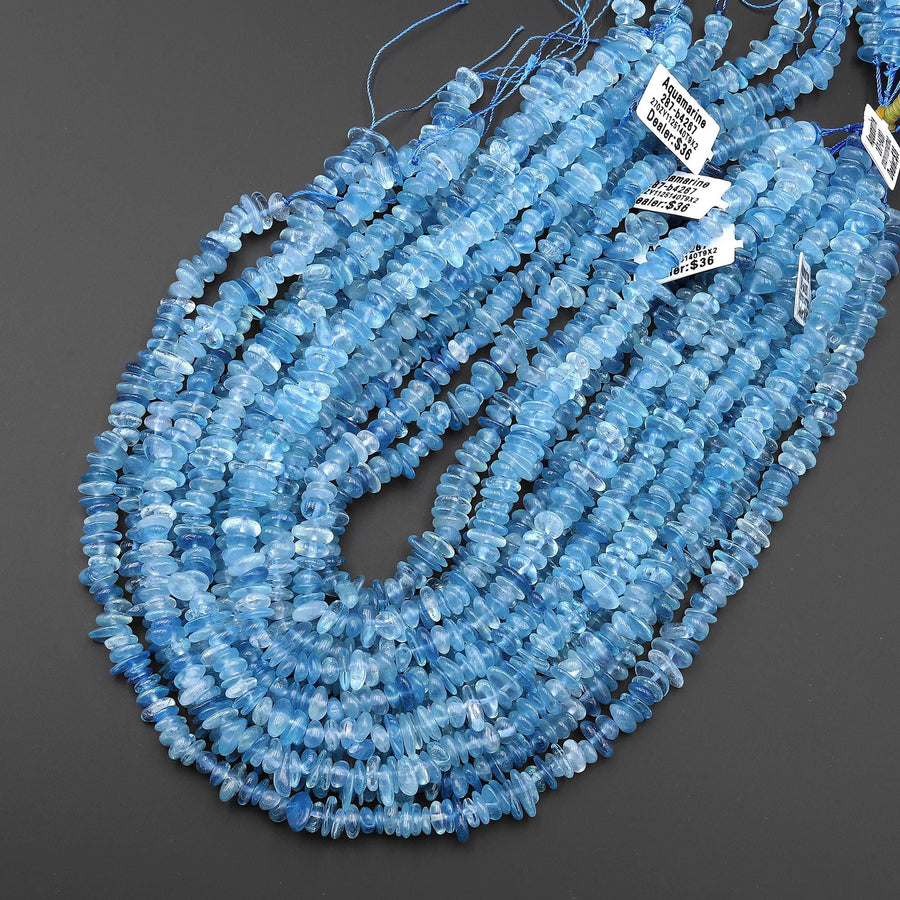 AAA Natural Santa Maria Blue Aquamarine Freeform Rondelle Center Drilled Beads 15.5" Strand