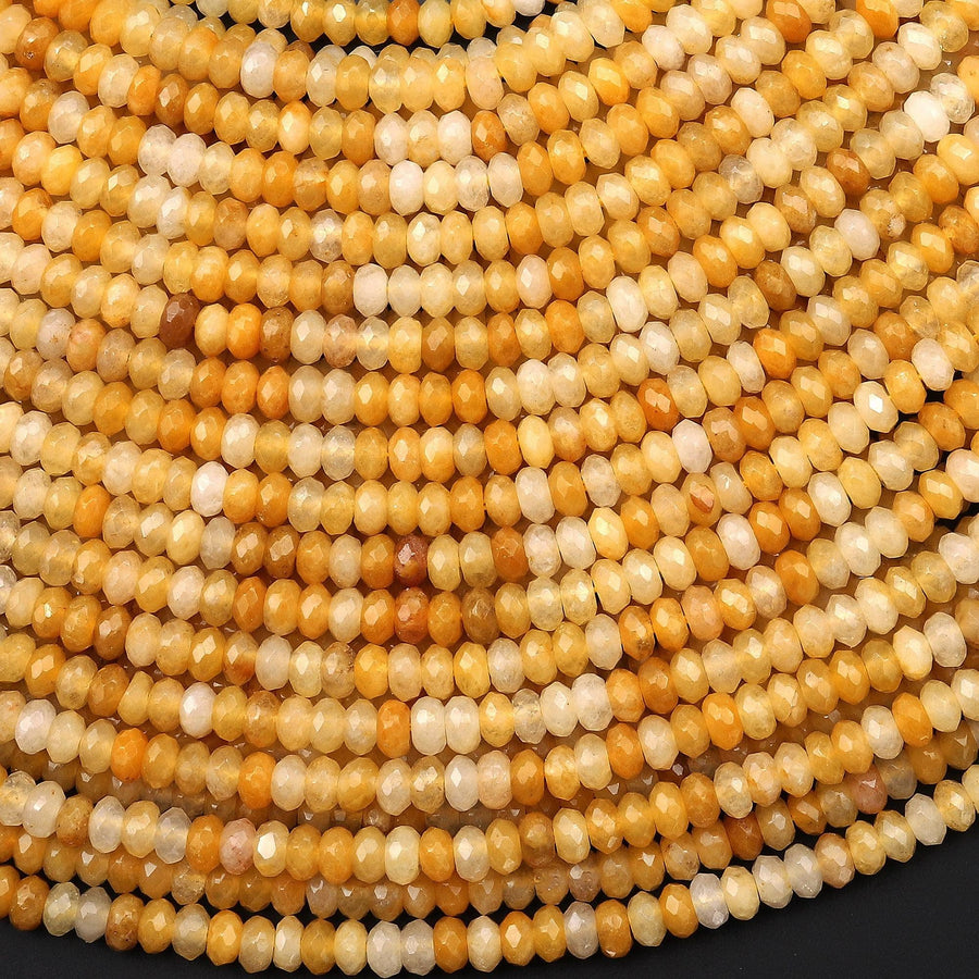 Faceted Natural Yellow Jade 4mm Thin Rondelle Beads Gemstone 15" Strand