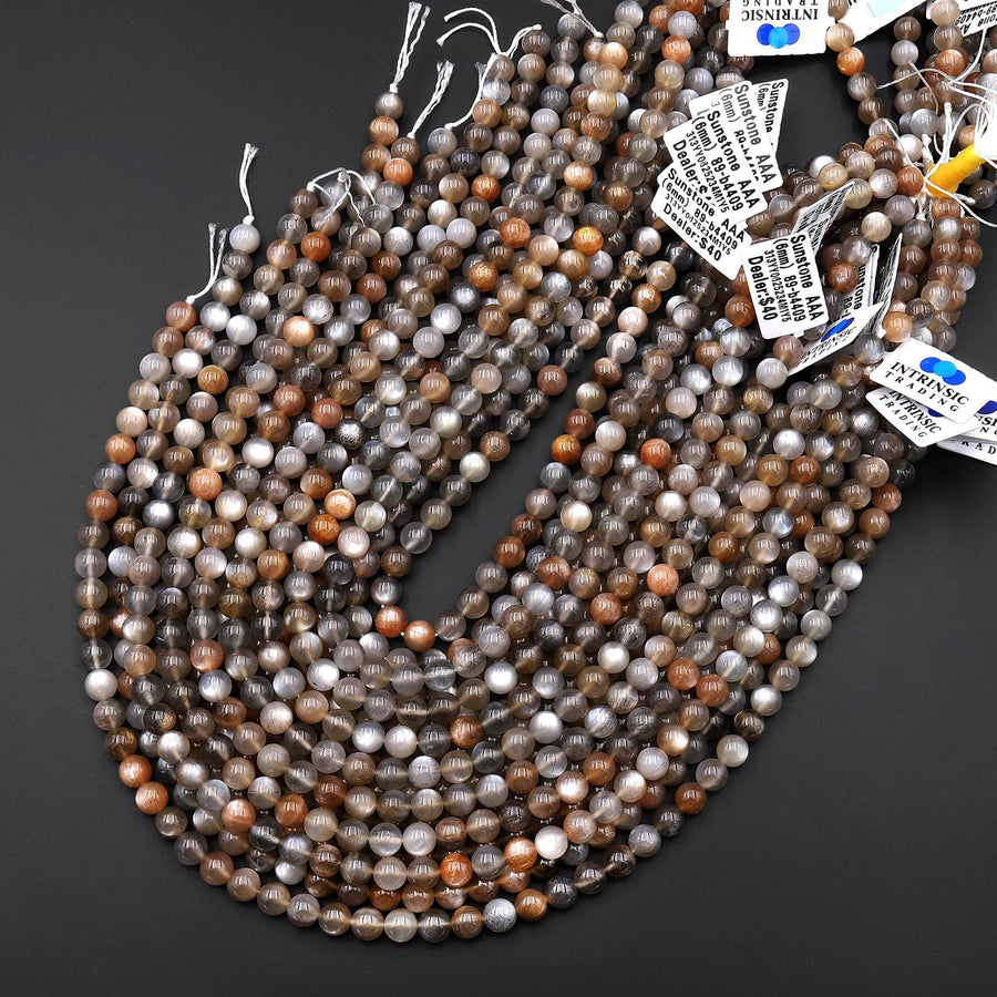 AAA Natural Multicolor Orange Smoky Black Gray Sunstone Round Beads 4mm 5mm 6mm Gemstone 15.5" Strand