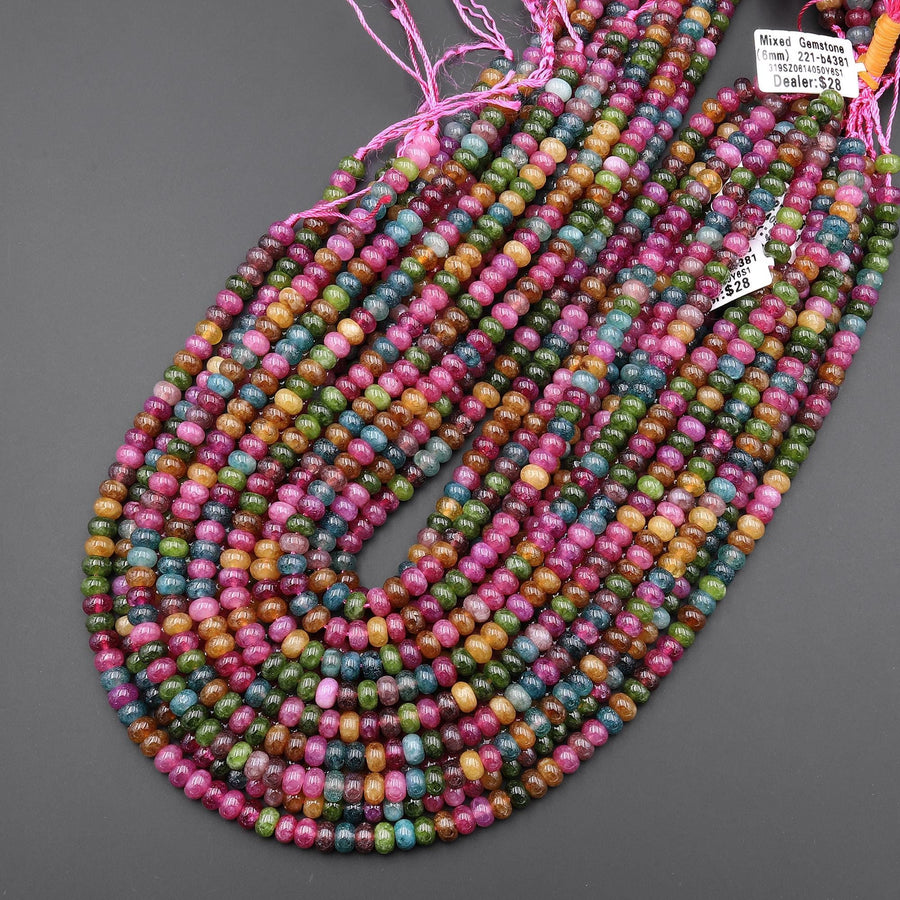 Tourmaline Agate Smooth 6mm Rondelle Beads Multicolor Pink Orange Mint Green Blue 15.5" Strand