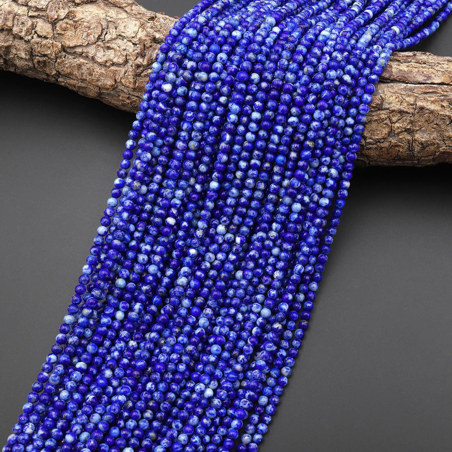 Genuine Natural Blue Lapis 3mm Smooth Round Beads With White Calcite Matrix 15.5" Strand