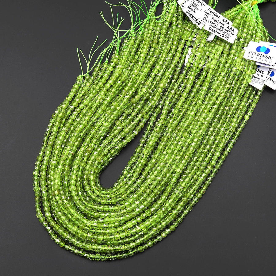 AAA Natural Green Peridot Micro Faceted 2mm 3mm 4mm Cube Dice Square Beads 15.5" Strand