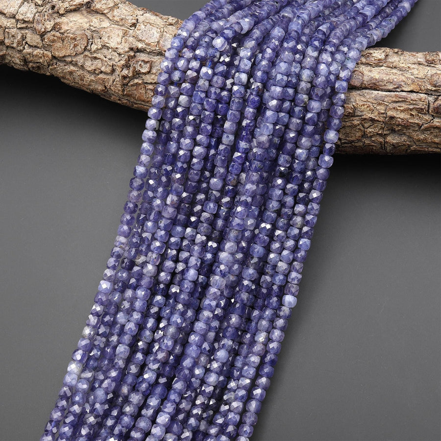 Faceted Natural Iolite 4mm Cube Gemstone Beads 15.5" Strand