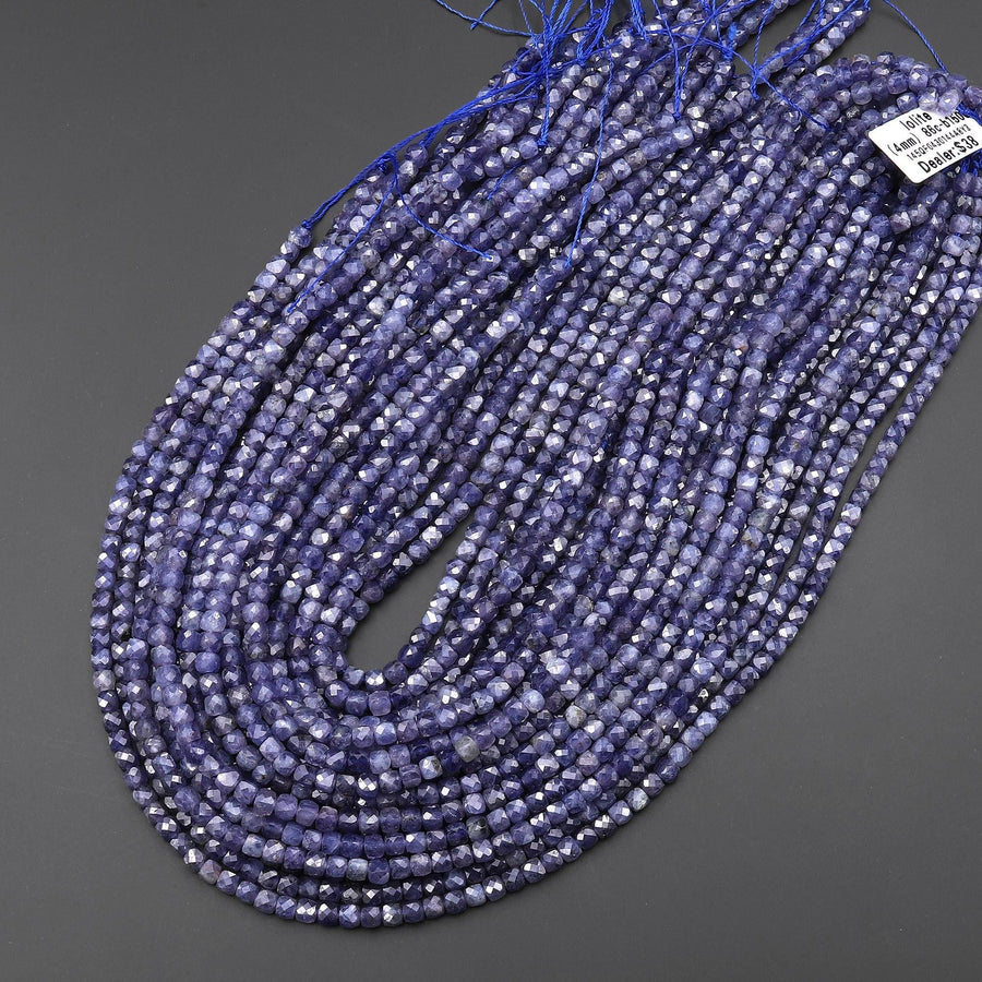 Faceted Natural Iolite 4mm Cube Gemstone Beads 15.5" Strand