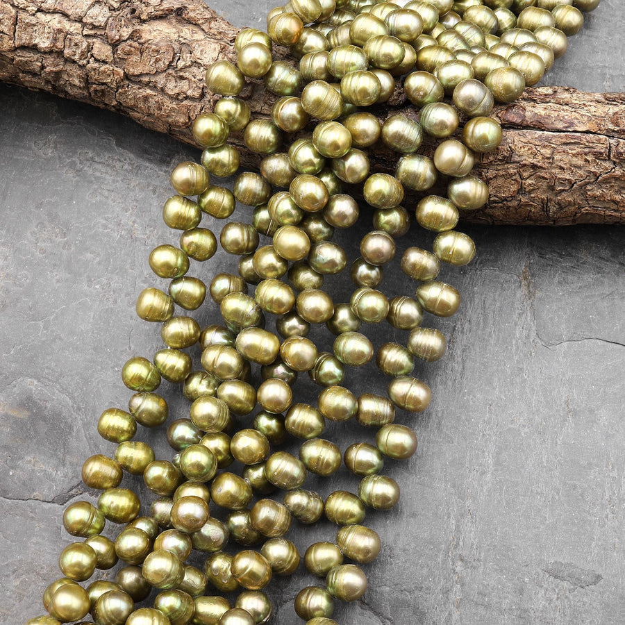 Large Genuine Golden Olive Green Freshwater Potato Oval Teardrop Pearl Top Side Drilled 15.5" Strand