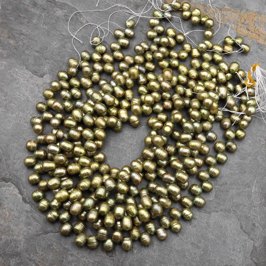 Large Genuine Golden Olive Green Freshwater Potato Oval Teardrop Pearl Top Side Drilled 15.5" Strand