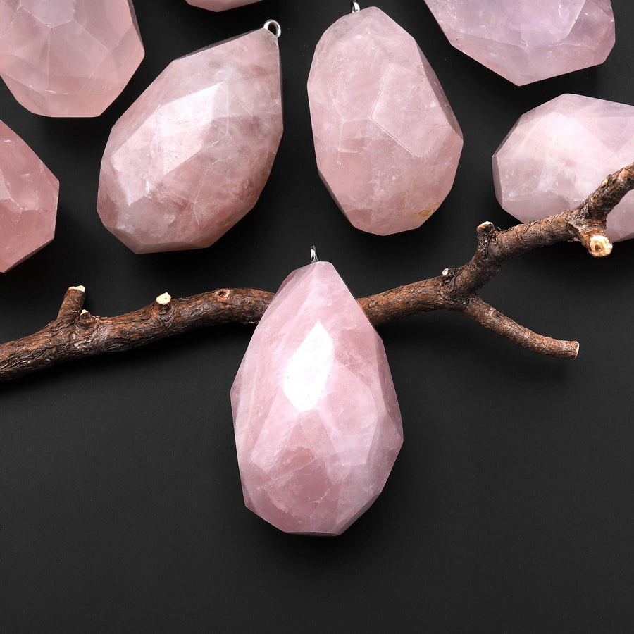 Faceted Natural Pink Rose Quartz Nugget Healing Crystal Pendant Pendulum