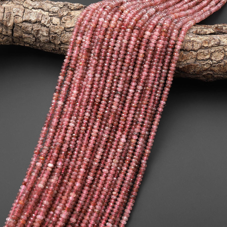 Faceted Natural Red Strawberry Quartz 4mm Thin Rondelle Beads Gemstone 15" Strand