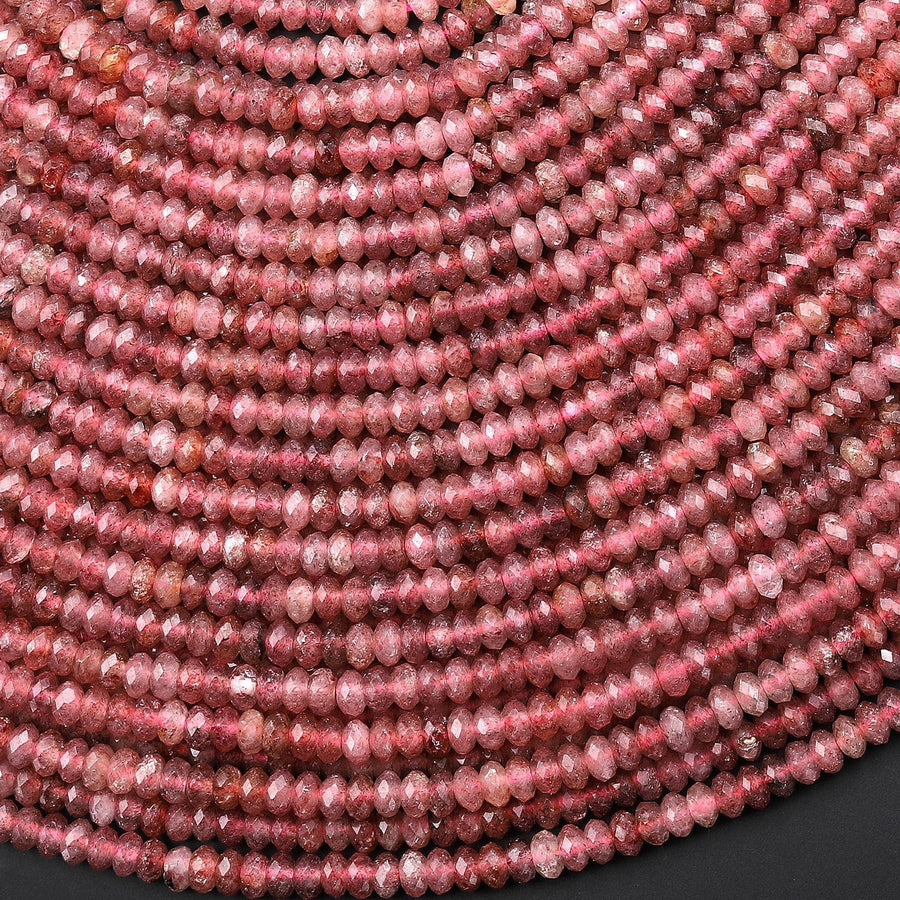 Faceted Natural Red Strawberry Quartz 4mm Thin Rondelle Beads Gemstone 15" Strand