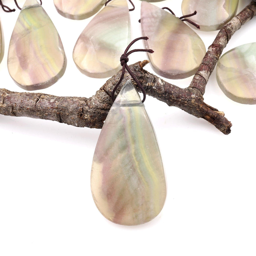 Natural Feather Fluorite Teardrop Pendant Top Side Drilled Gemstone