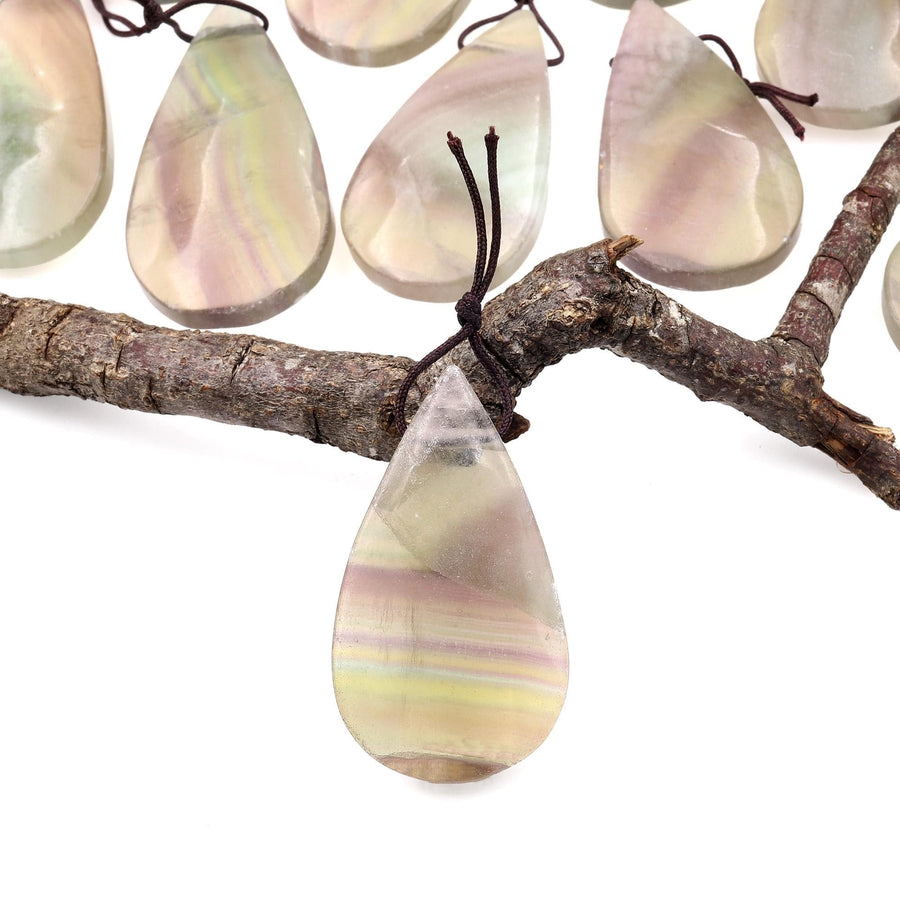 Natural Feather Fluorite Teardrop Pendant Top Side Drilled Gemstone