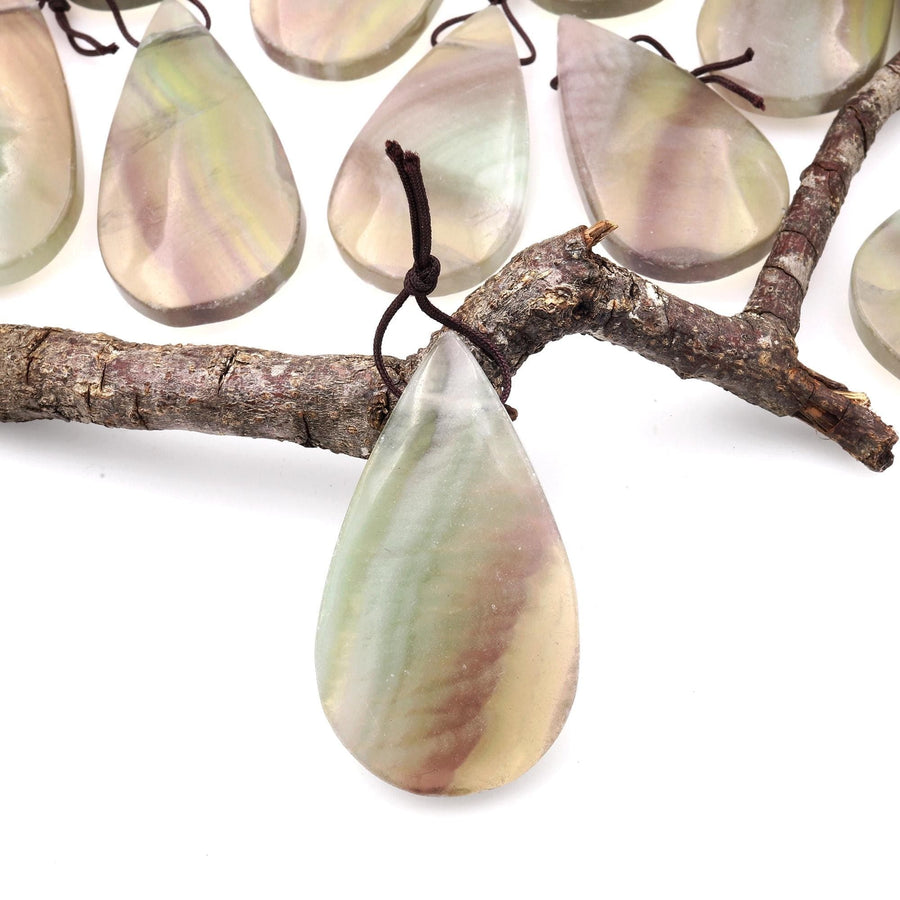 Natural Feather Fluorite Teardrop Pendant Top Side Drilled Gemstone A1
