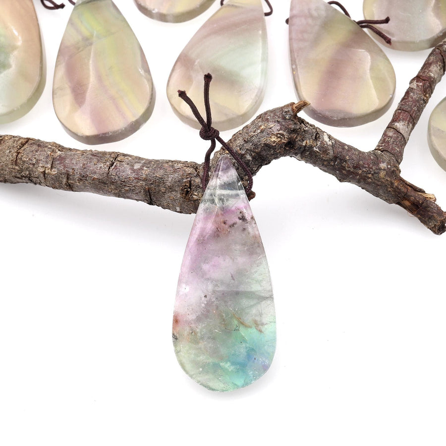 Natural Feather Fluorite Teardrop Pendant Top Side Drilled Gemstone A2